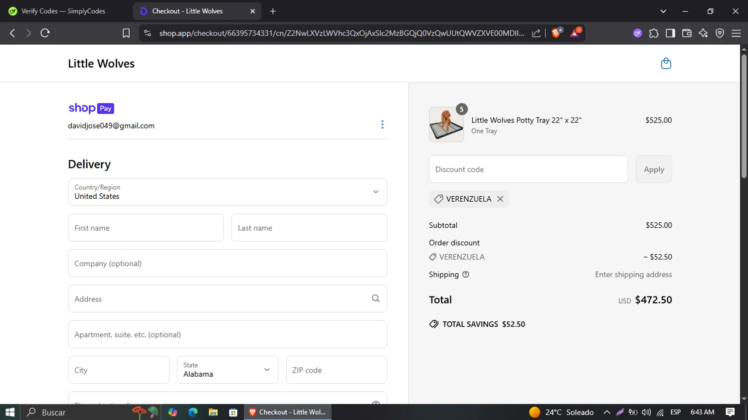 Little Wolves promo code screenshot showing code VERENZUELA applied at Little Wolves checkout page. Uploaded by SimplyCodes community member Suguru_Geto on May 26, 2025