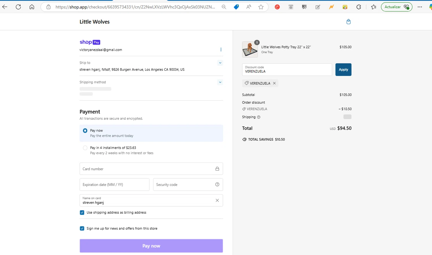 Little Wolves promo code screenshot showing code VERENZUELA applied at Little Wolves checkout page. Uploaded by SimplyCodes community member VictorYanez on Feb 16, 2025
