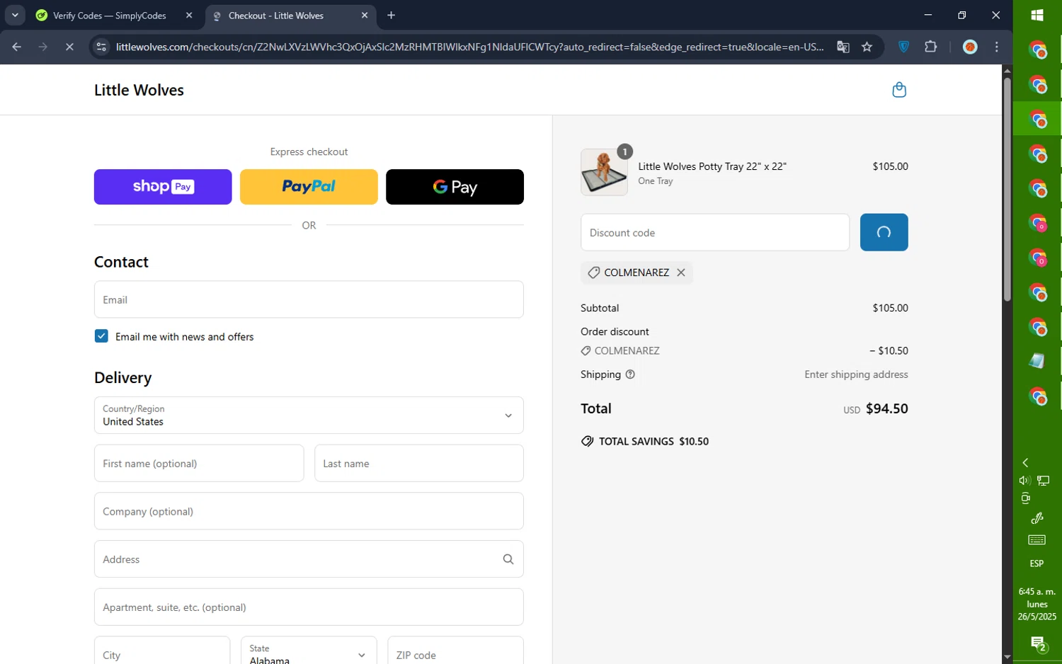 Little Wolves promo code screenshot showing code COLMENAREZ applied at Little Wolves checkout page. Uploaded by SimplyCodes community member GoldPilot5958 on May 26, 2025