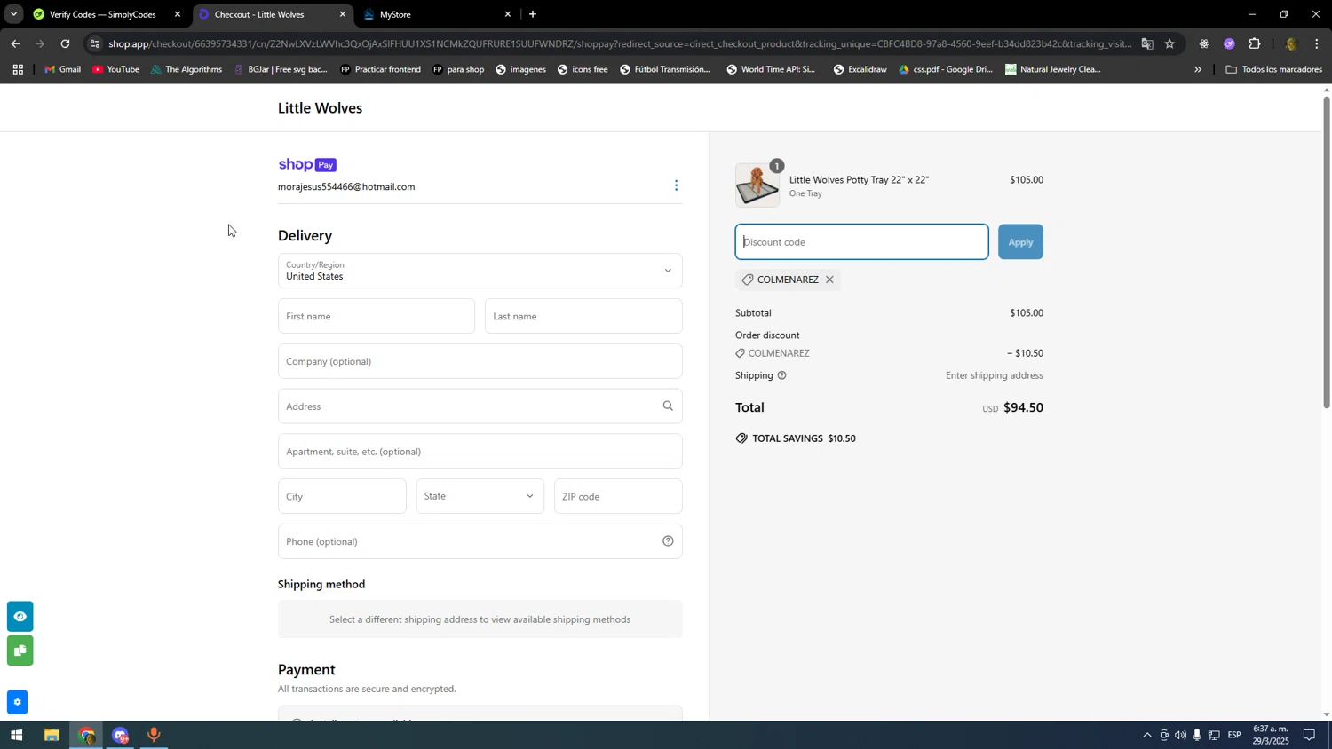 Little Wolves promo code screenshot showing code COLMENAREZ applied at Little Wolves checkout page. Uploaded by SimplyCodes community member SOOOOOOOOOOOOOOOOOOOOOOO on Mar 29, 2025