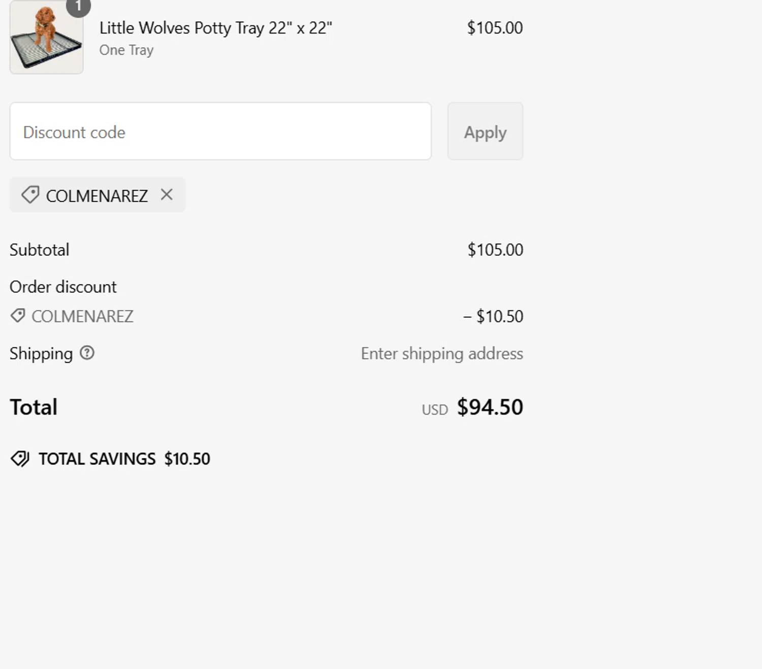 Little Wolves promo code screenshot showing code COLMENAREZ applied at Little Wolves checkout page. Uploaded by SimplyCodes community member SavingsPro6397 on Feb 16, 2025