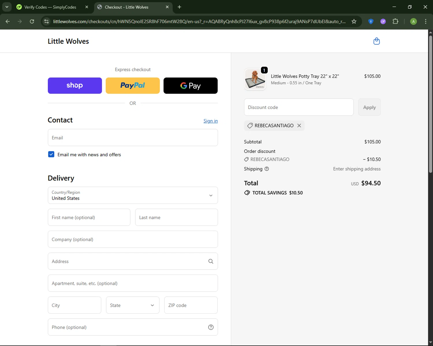Little Wolves promo code screenshot showing code REBECASANTIAGO applied at Little Wolves checkout page. Uploaded by SimplyCodes community member MagnificentSaver708 on Nov 18, 2025