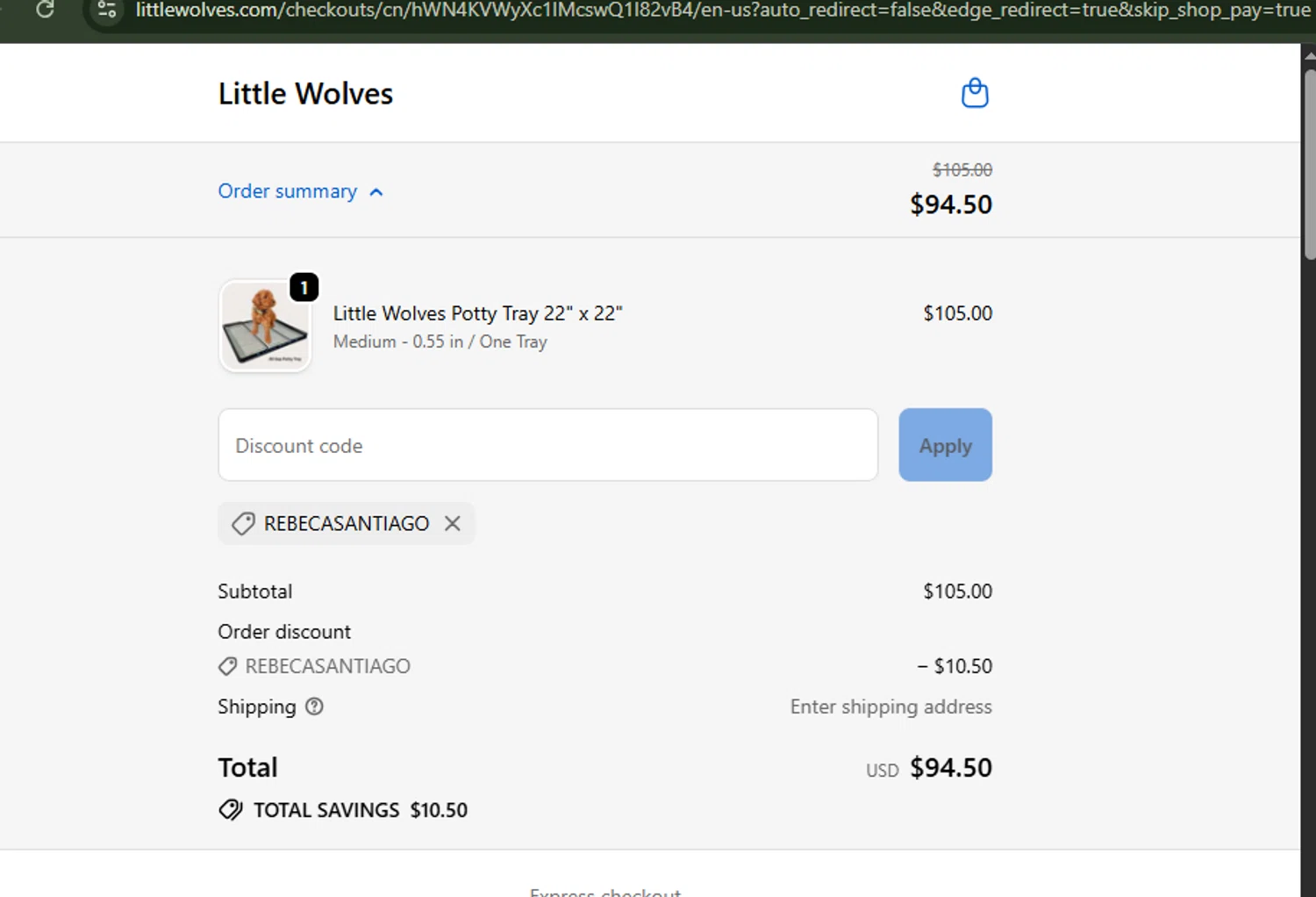 Little Wolves promo code screenshot showing code REBECASANTIAGO applied at Little Wolves checkout page. Uploaded by SimplyCodes community member ShrewdBoss4152 on Oct 20, 2025