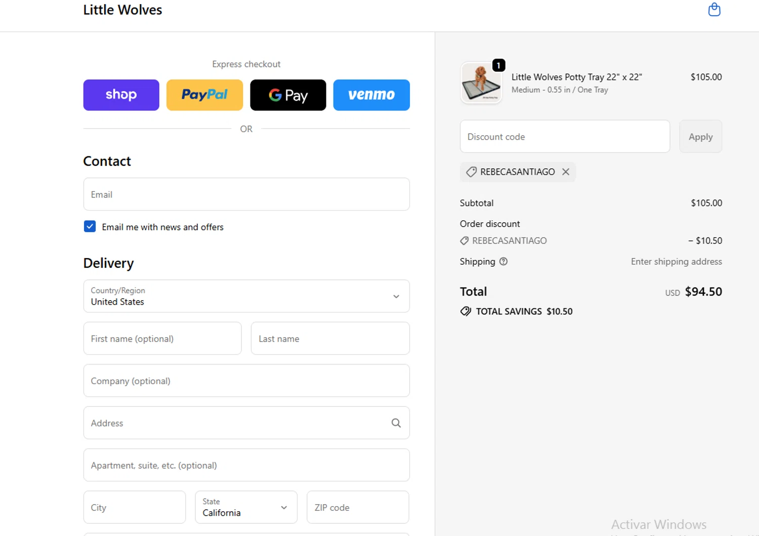 Little Wolves promo code screenshot showing code REBECASANTIAGO applied at Little Wolves checkout page. Uploaded by SimplyCodes community member joandgray9 on Sep 21, 2025