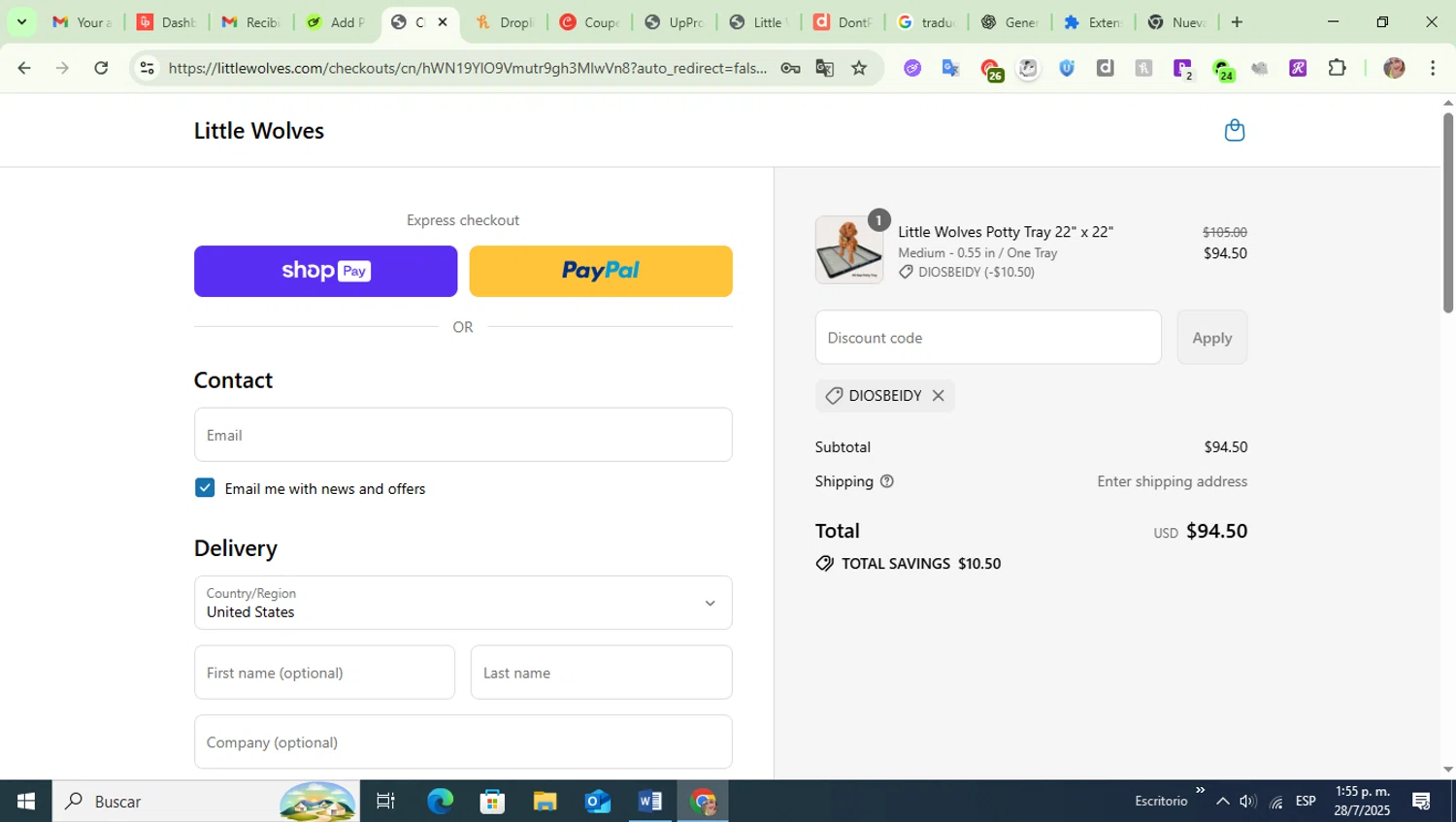Little Wolves promo code screenshot showing code DIOSBEIDY applied at Little Wolves checkout page. Uploaded by SimplyCodes community member diosbeidycolina on Jul 28, 2025
