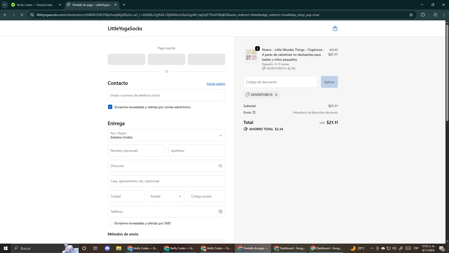 Little Yoga Socks discount code screenshot showing code ADVENTURE10 applied at Little Yoga Socks checkout page. Uploaded by SimplyCodes community member Makemusic on Nov 8, 2025