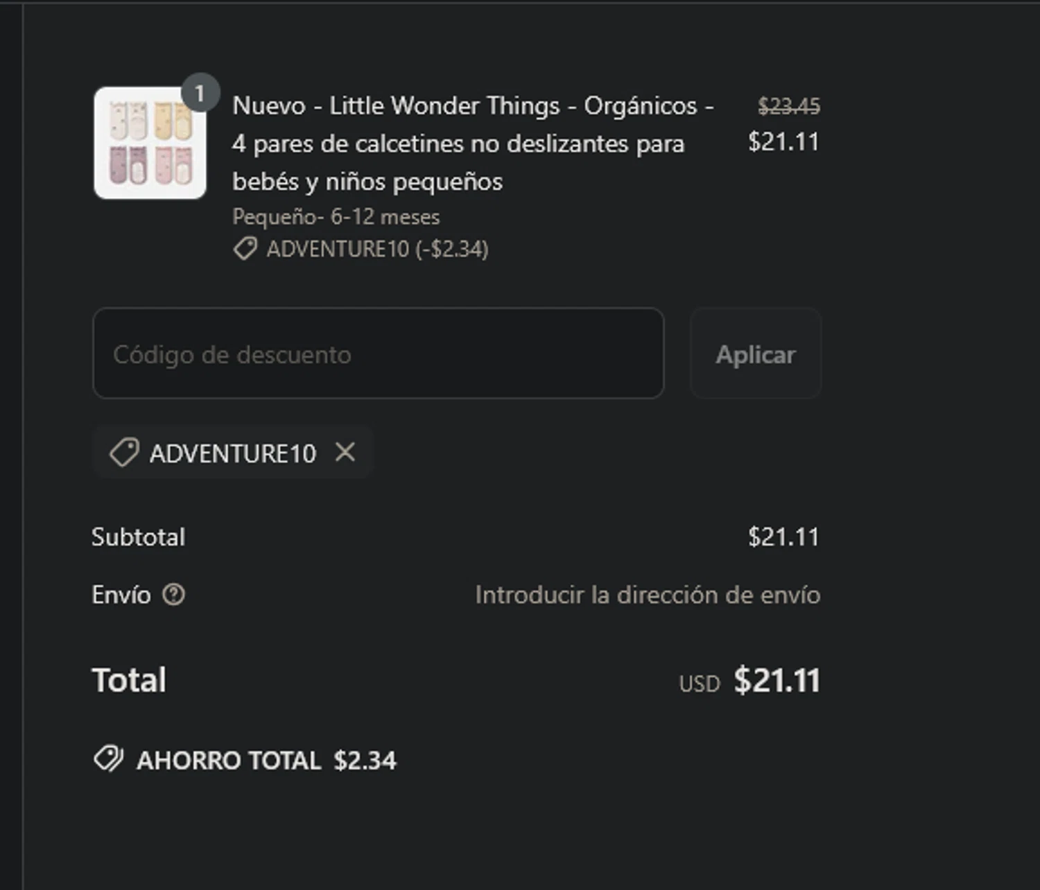 Little Yoga Socks discount code screenshot showing code ADVENTURE10 applied at Little Yoga Socks checkout page. Uploaded by SimplyCodes community member xocelot44x on Jun 24, 2025