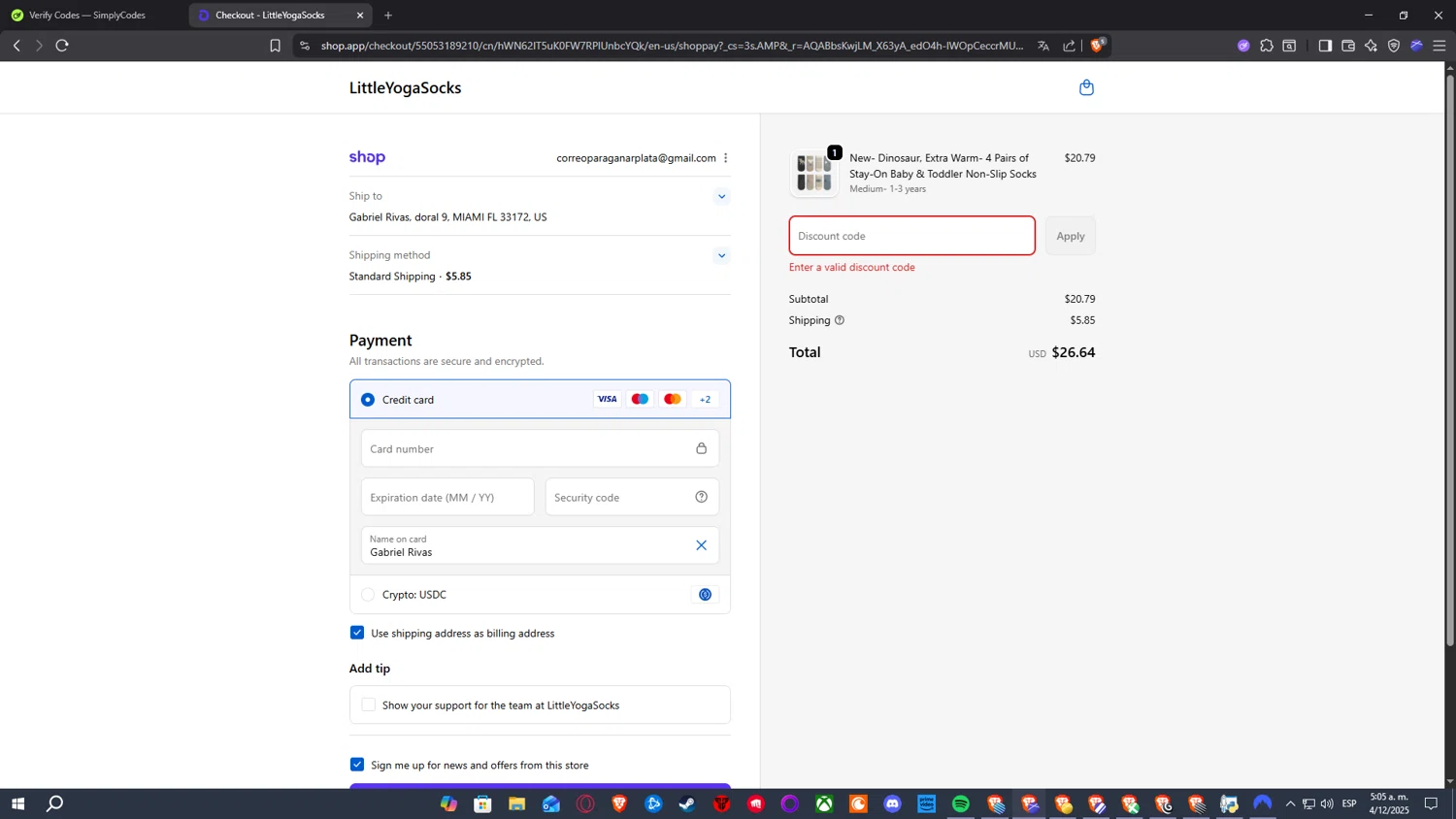 Little Yoga Socks discount code screenshot showing code VIP30 applied at Little Yoga Socks checkout page. Uploaded by SimplyCodes community member Nekiro on Dec 4, 2025