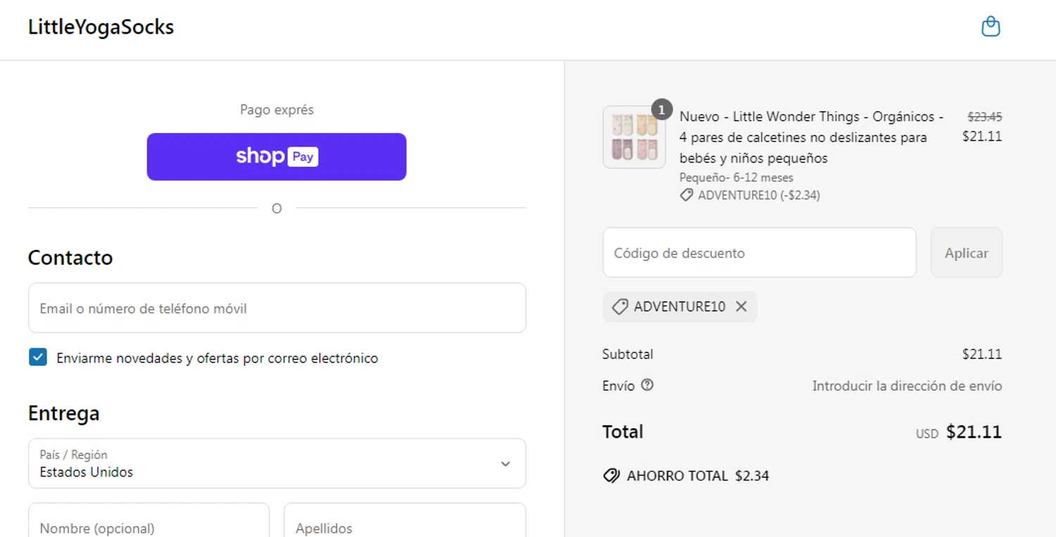 Little Yoga Socks discount code screenshot showing code ADVENTURE10 applied at Little Yoga Socks checkout page. Uploaded by SimplyCodes community member yeresojperez on Jun 24, 2025
