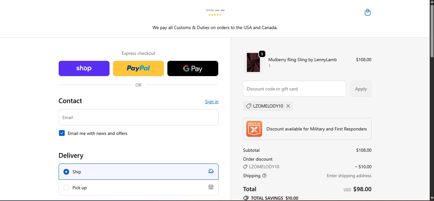 Little Zen One discount code screenshot showing code LZOMELODY10 applied at Little Zen One checkout page. Uploaded by SimplyCodes community member ______________ on Nov 3, 2025