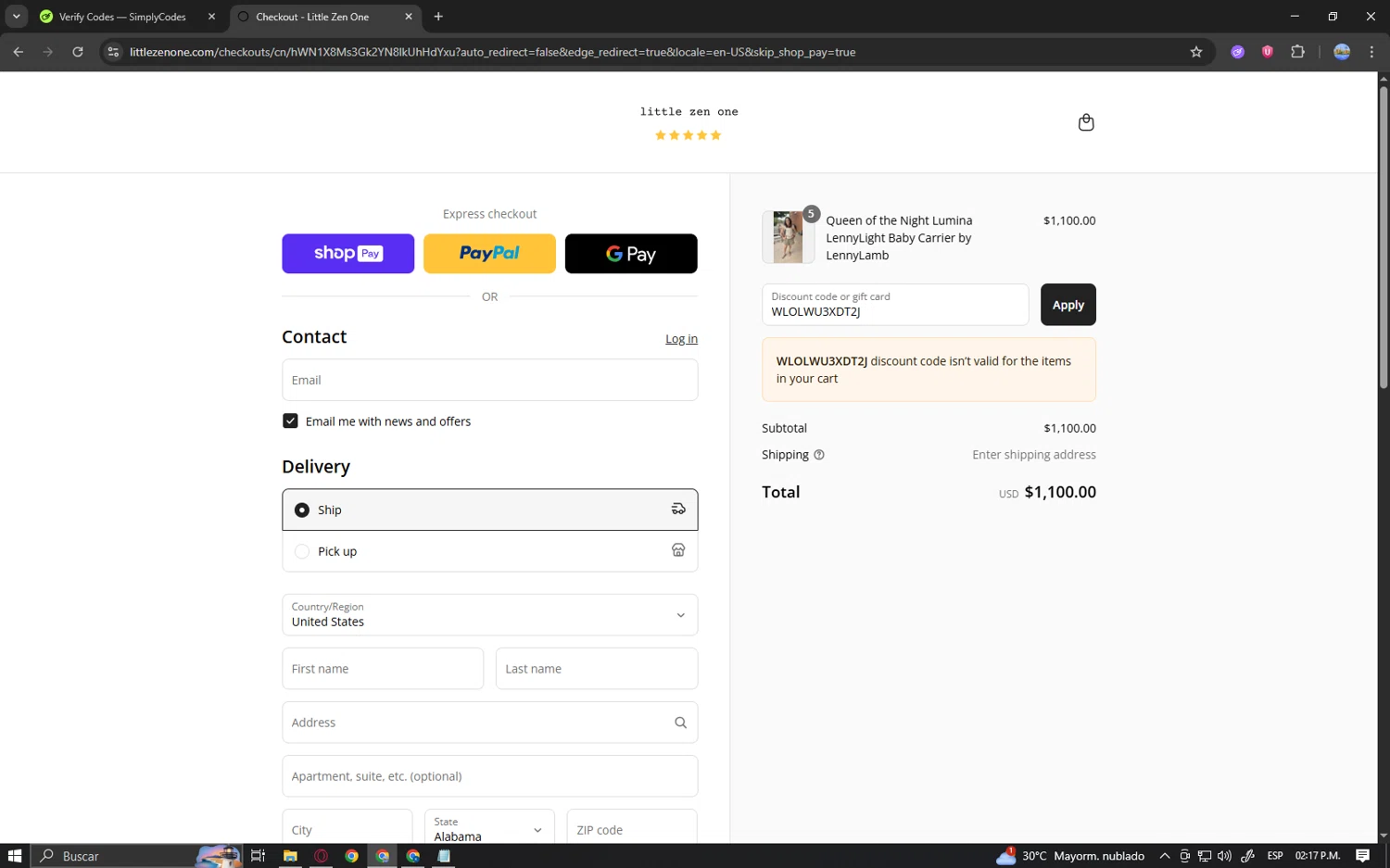 Little Zen One discount code screenshot showing code WLOLWU3XDT2J applied at Little Zen One checkout page. Uploaded by SimplyCodes community member Locura on Aug 7, 2025