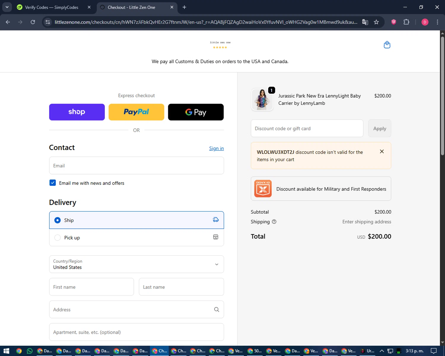 Little Zen One checkout page showing Little Zen One discount code box | Screenshot taken by SimplyCodes community member on Jan 24, 2026