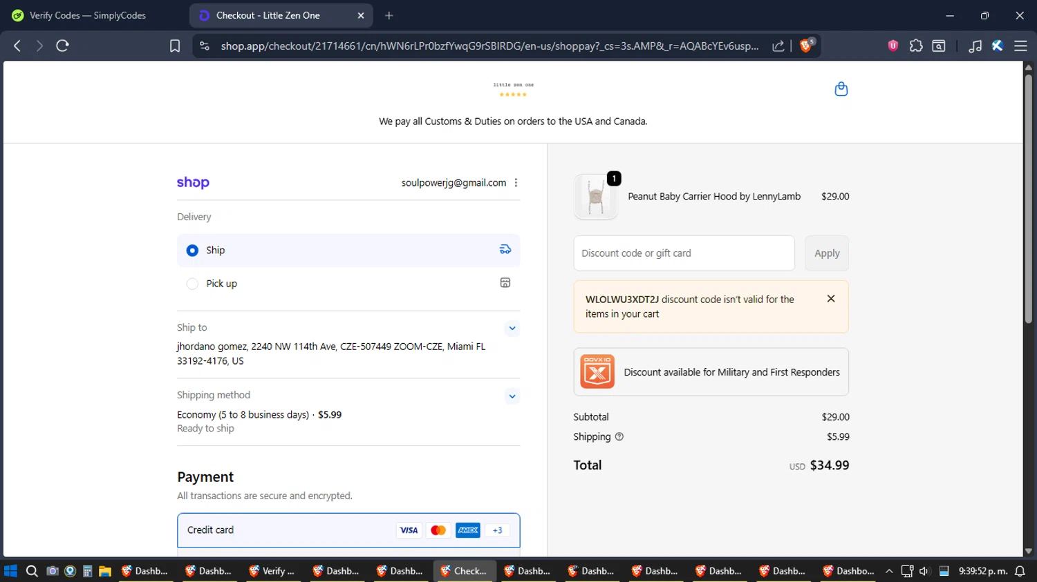 Little Zen One discount code screenshot showing code WLOLWU3XDT2J applied at Little Zen One checkout page. Uploaded by SimplyCodes community member TreasureExpert3303 on Dec 26, 2025