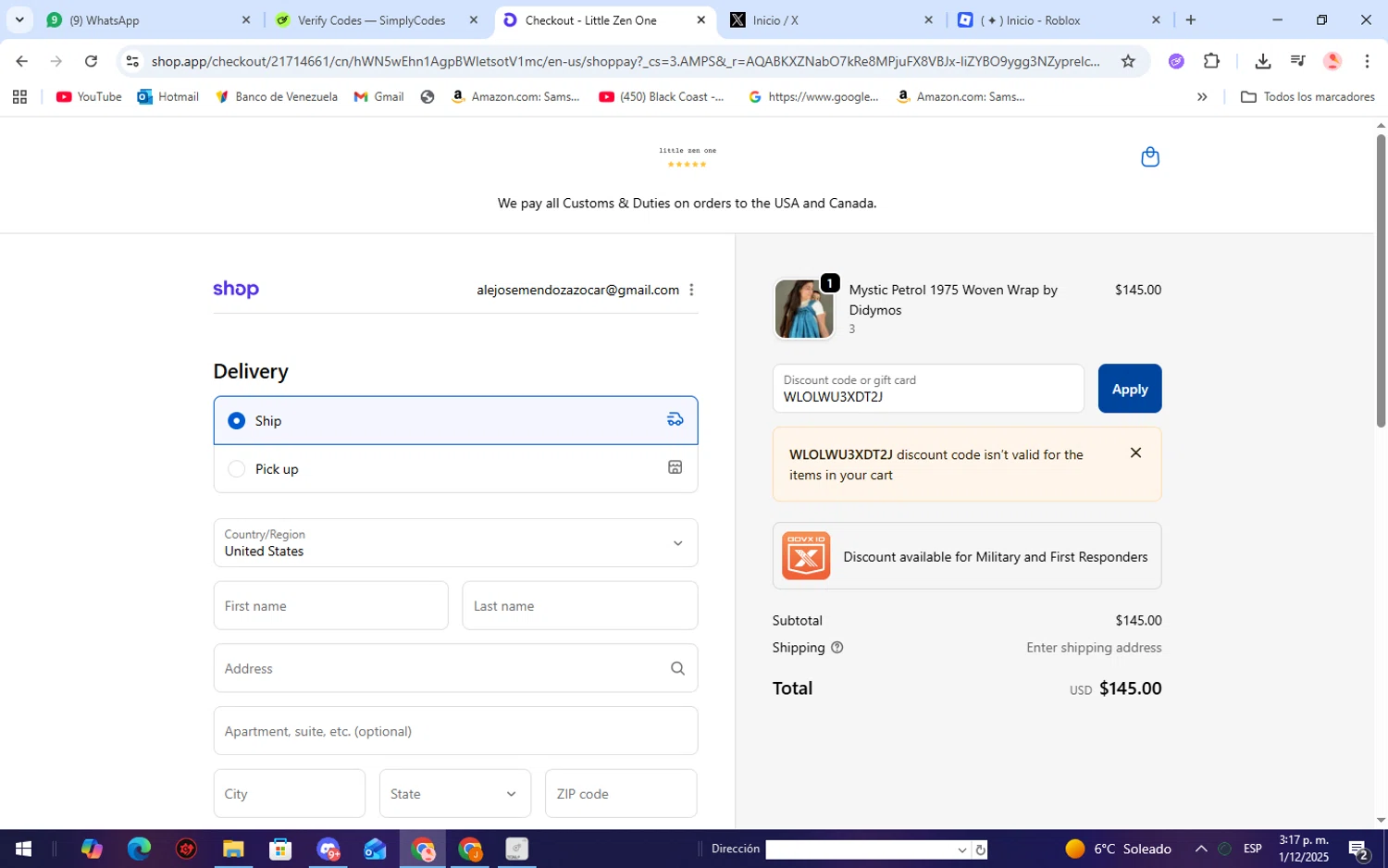 Little Zen One discount code screenshot showing code WLOLWU3XDT2J applied at Little Zen One checkout page. Uploaded by SimplyCodes community member WiseScholar9036 on Dec 1, 2025