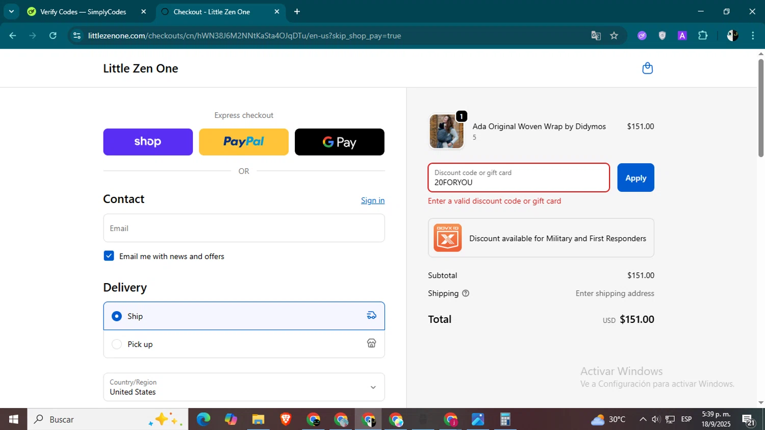 Little Zen One discount code screenshot showing code 20FORYOU applied at Little Zen One checkout page. Uploaded by SimplyCodes community member CleverSage9163 on Sep 18, 2025