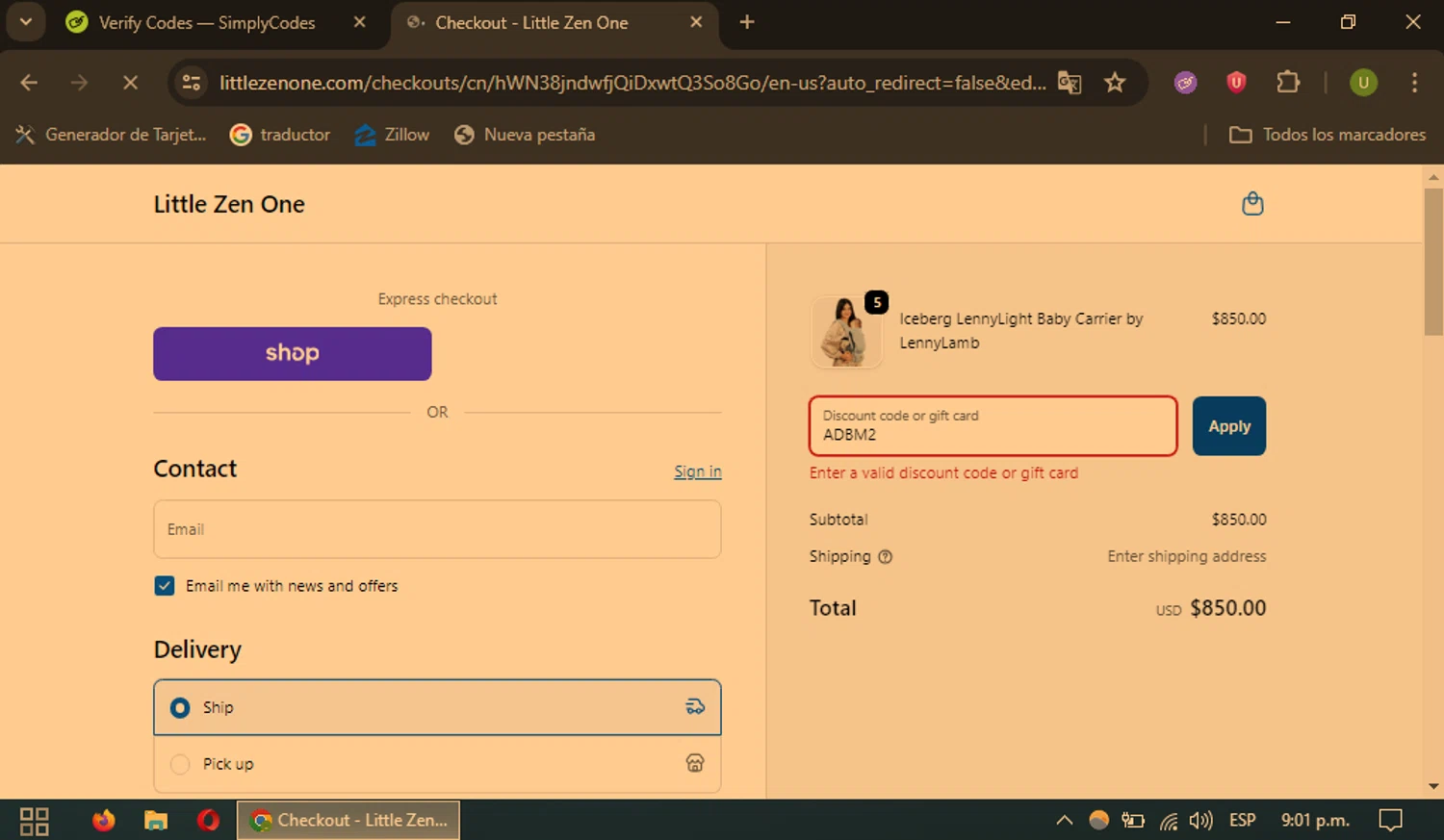 Little Zen One discount code screenshot showing code ADBM2 applied at Little Zen One checkout page. Uploaded by SimplyCodes community member CouponSaver4196 on Sep 19, 2025