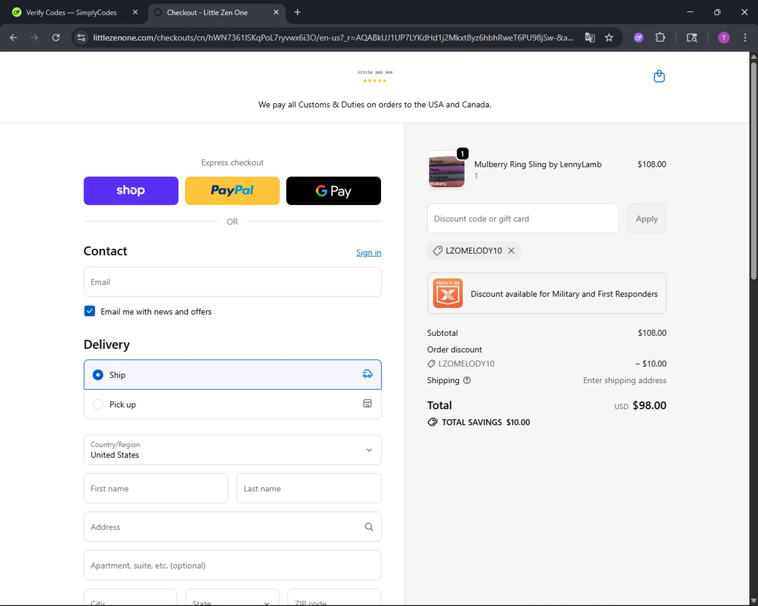 Little Zen One discount code screenshot showing code LZOMELODY10 applied at Little Zen One checkout page. Uploaded by SimplyCodes community member CleverFinder9623 on Dec 31, 2025