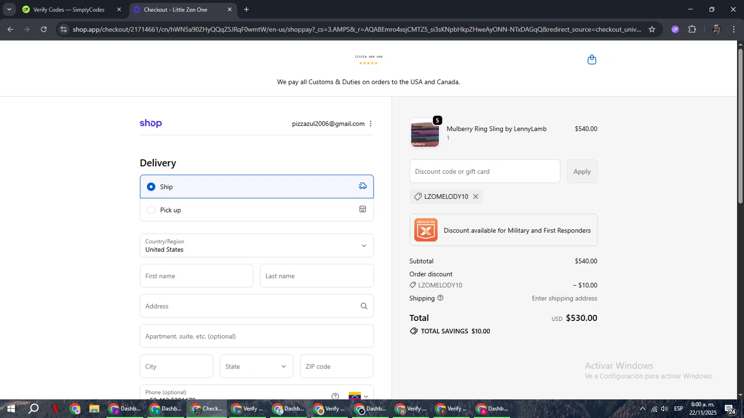 Little Zen One discount code screenshot showing code LZOMELODY10 applied at Little Zen One checkout page. Uploaded by SimplyCodes community member xxdddd on Nov 22, 2025