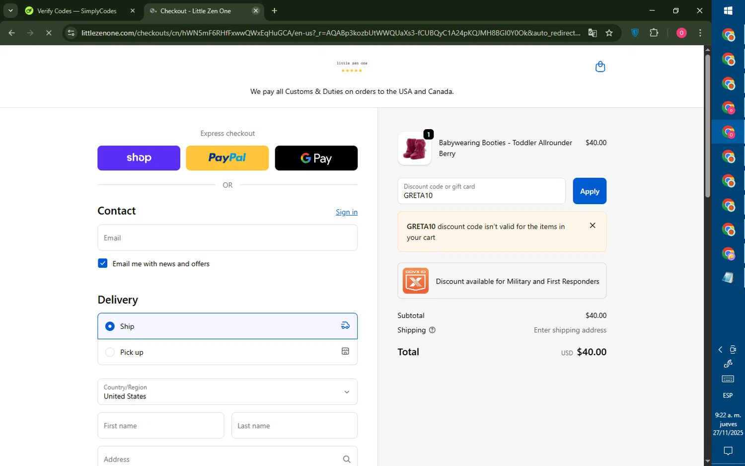 Little Zen One discount code screenshot showing code GRETA10 applied at Little Zen One checkout page. Uploaded by SimplyCodes community member LegendaryRanger6350 on Nov 27, 2025