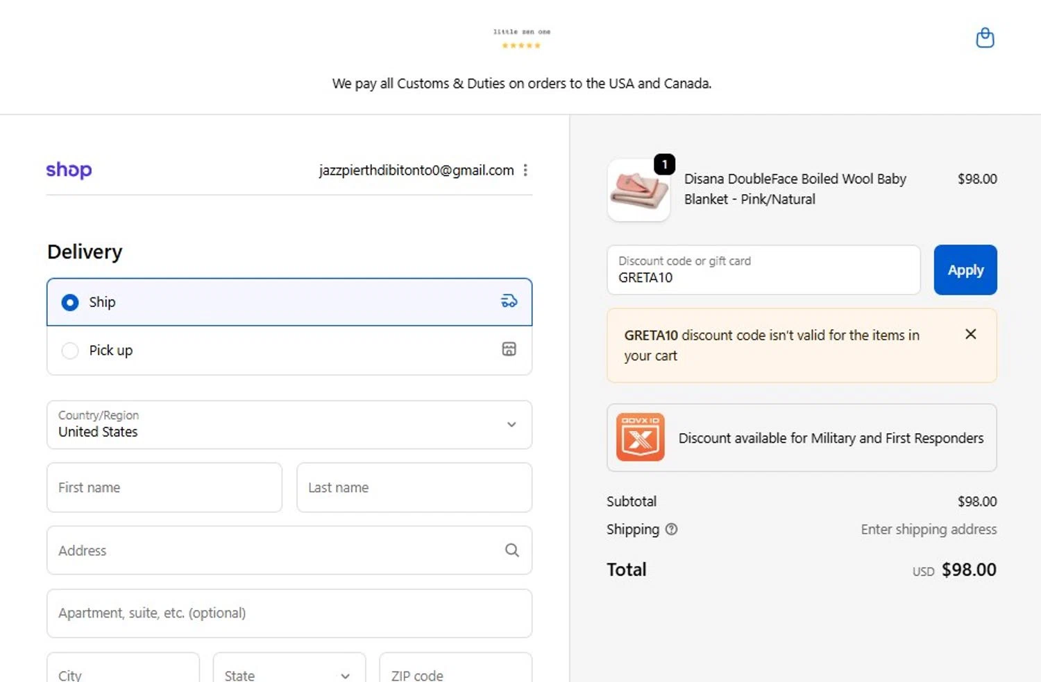 Little Zen One discount code screenshot showing code GRETA10 applied at Little Zen One checkout page. Uploaded by SimplyCodes community member MagnificentCollector7829 on Nov 22, 2025