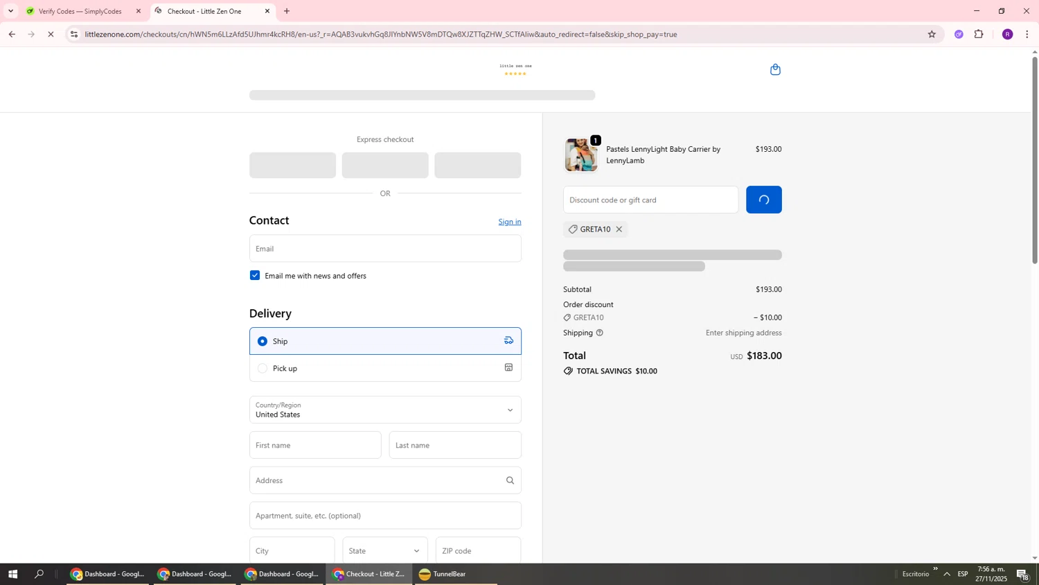 Little Zen One discount code screenshot showing code GRETA10 applied at Little Zen One checkout page. Uploaded by SimplyCodes community member ukemochi on Nov 27, 2025