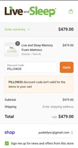PILLOW20 coupon verification screenshot