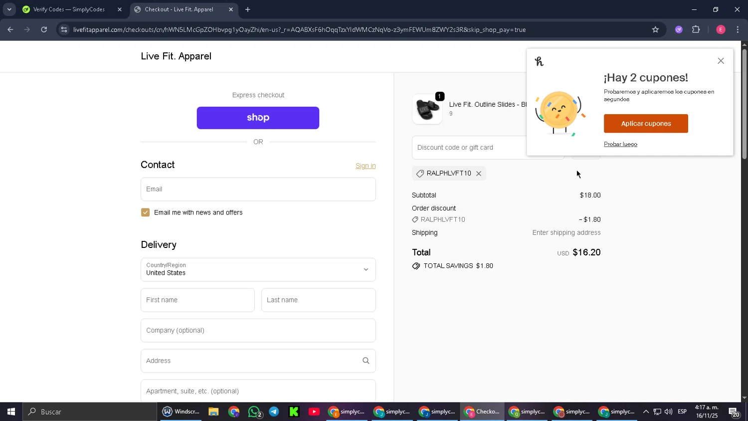 Live Fit promo code screenshot showing code RALPHLVFT10 applied at Live Fit checkout page. Uploaded by SimplyCodes community member CouponGuardian8137 on Nov 16, 2025