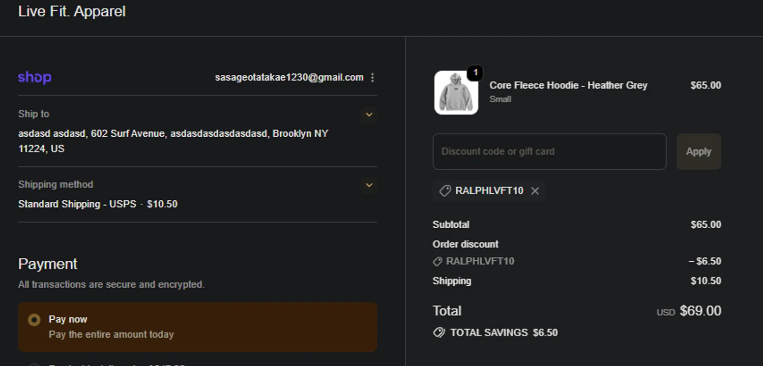 Live Fit promo code screenshot showing code RALPHLVFT10 applied at Live Fit checkout page. Uploaded by SimplyCodes community member FIREINTHEHOLE on Nov 26, 2025