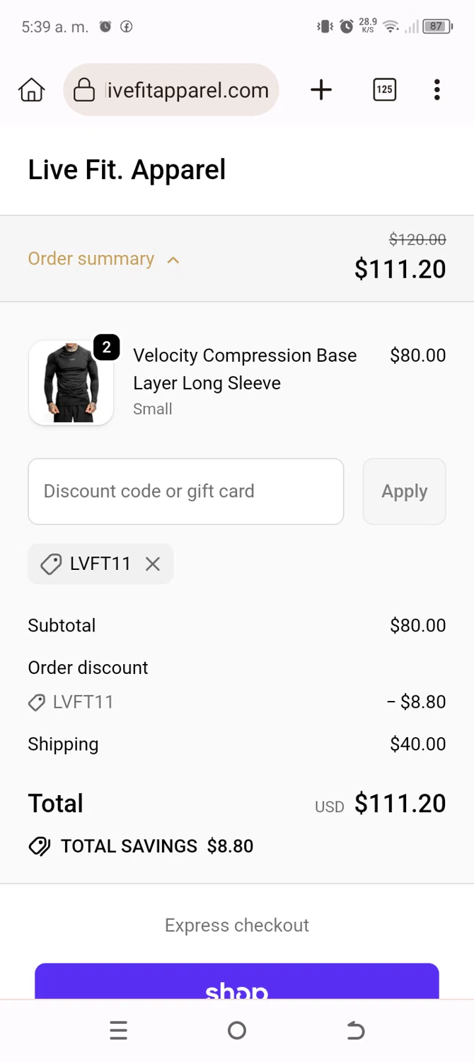 Live Fit promo code screenshot showing code LVFT11 applied at Live Fit checkout page. Uploaded by SimplyCodes community member BonusChaser4306 on Sep 30, 2025