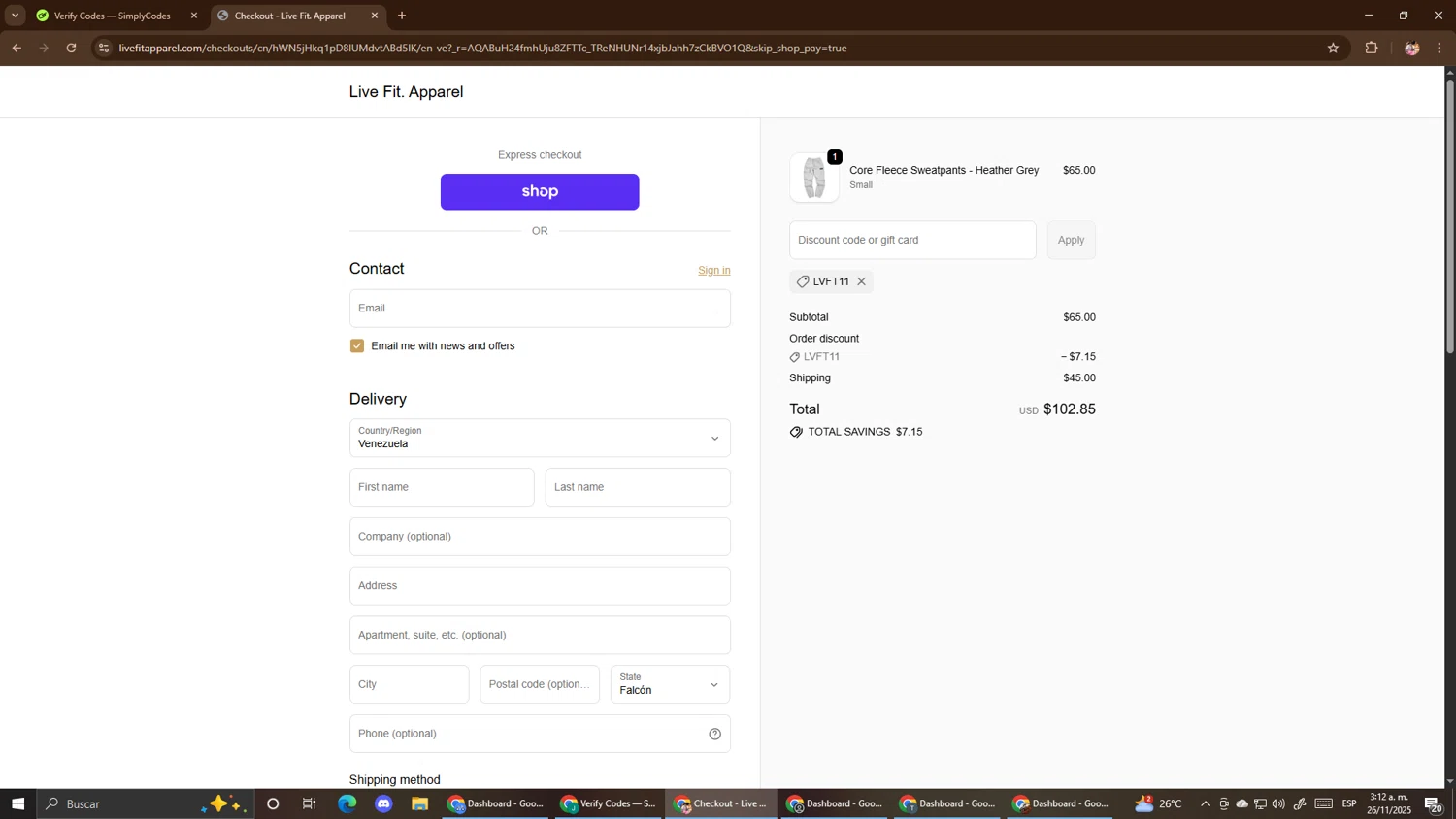 Live Fit promo code screenshot showing code LVFT11 applied at Live Fit checkout page. Uploaded by SimplyCodes community member El_mynor on Nov 26, 2025