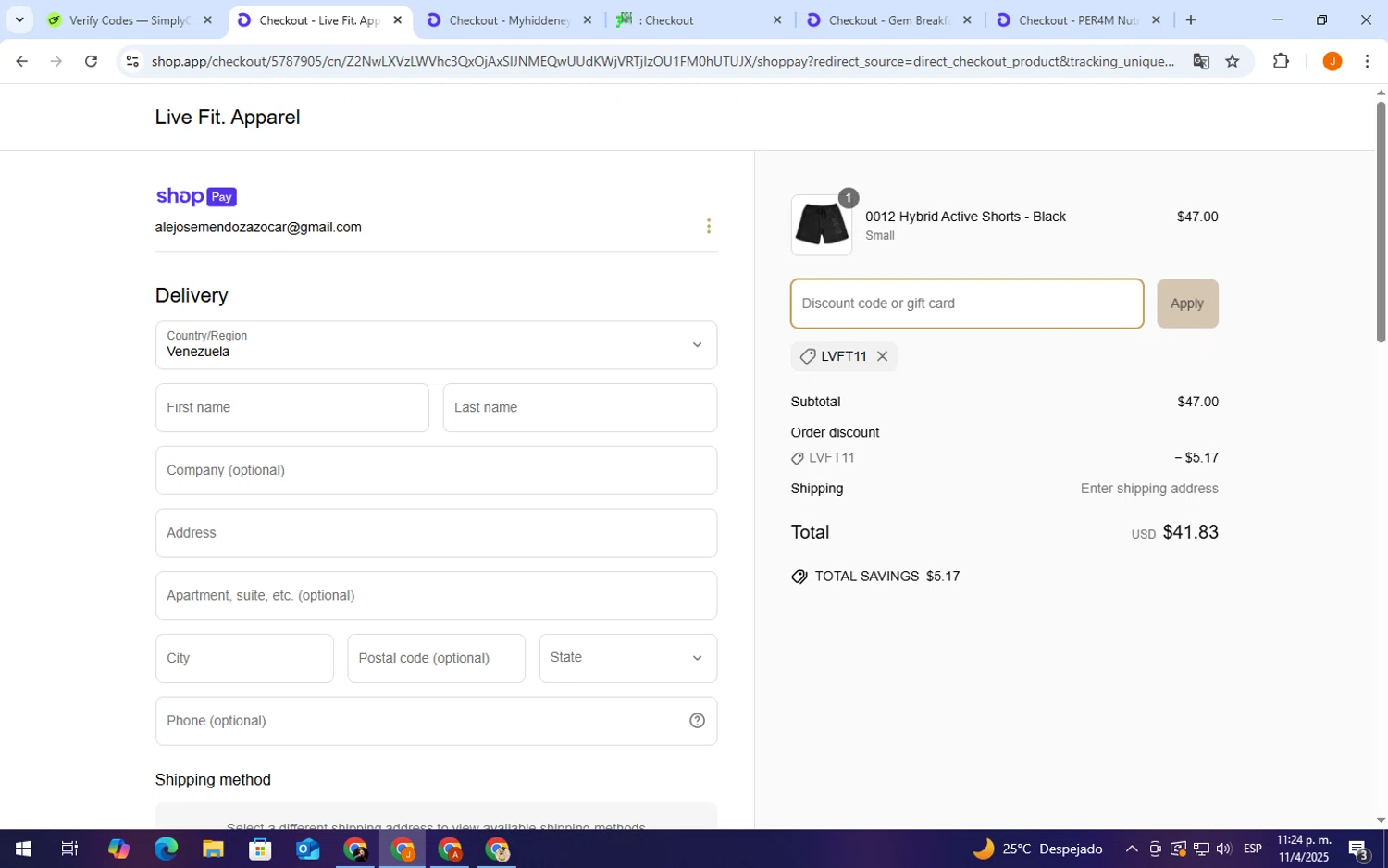 Live Fit promo code screenshot showing code LVFT11 applied at Live Fit checkout page. Uploaded by SimplyCodes community member TheCreature on Apr 12, 2025