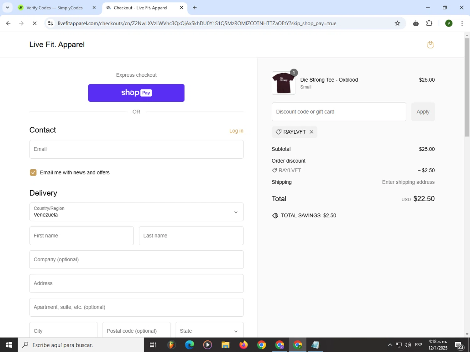 Live Fit promo code screenshot showing code RAYLVFT applied at Live Fit checkout page. Uploaded by SimplyCodes community member PrimeWizard4168 on Jan 12, 2025