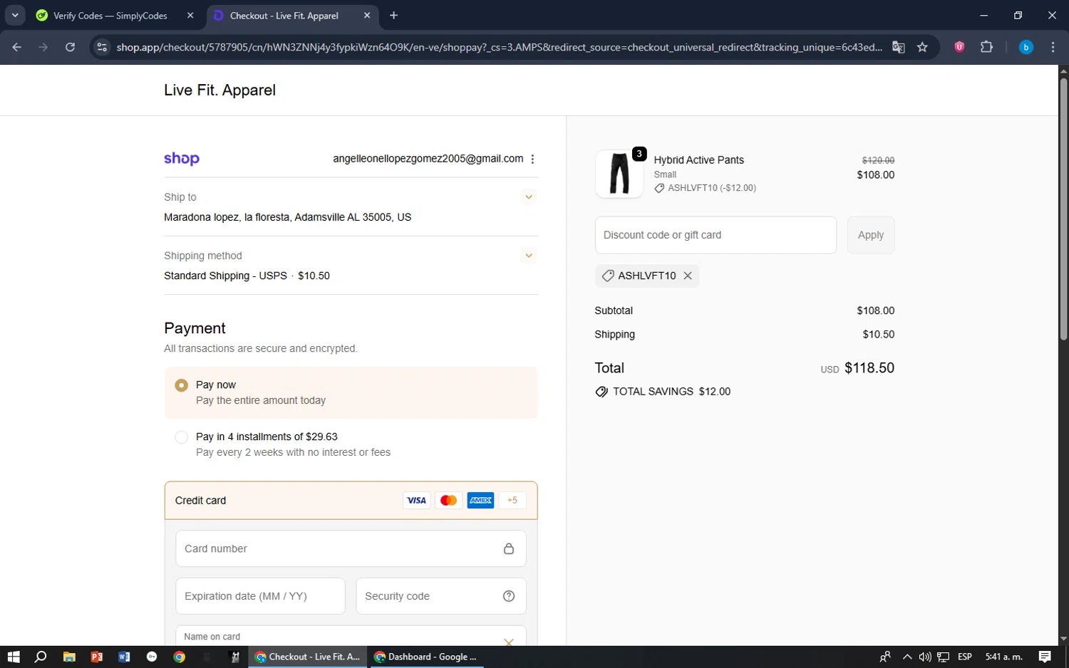 Live Fit promo code screenshot showing code ASHLVFT10 applied at Live Fit checkout page. Uploaded by SimplyCodes community member bilijr on Sep 30, 2025
