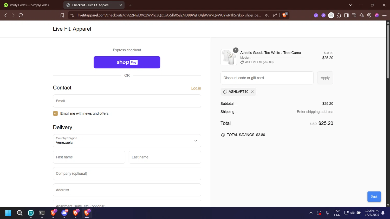 Live Fit promo code screenshot showing code ASHLVFT10 applied at Live Fit checkout page. Uploaded by SimplyCodes community member nabucodonosor on Jun 16, 2025