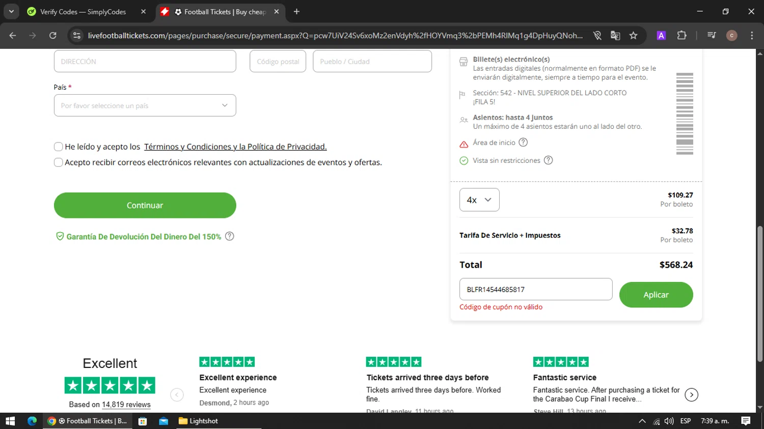 LiveFootballTickets promo code screenshot showing code BLFR14544685817 applied at LiveFootballTickets checkout page. Uploaded by SimplyCodes community member VoucherRanger901 on Mar 20, 2025