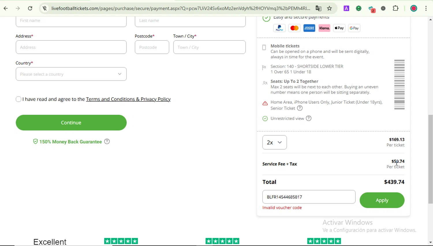 LiveFootballTickets promo code screenshot showing code BLFR14544685817 applied at LiveFootballTickets checkout page. Uploaded by SimplyCodes community member LOVECOUPON on Feb 10, 2025