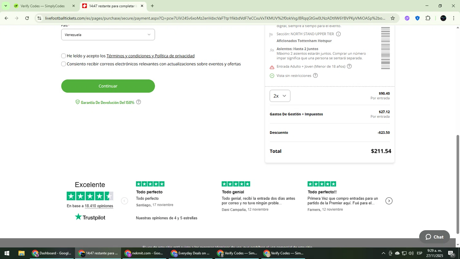 LiveFootballTickets promo code screenshot showing code LFT101539159172 applied at LiveFootballTickets checkout page. Uploaded by SimplyCodes community member CarmenVGR on Nov 27, 2025