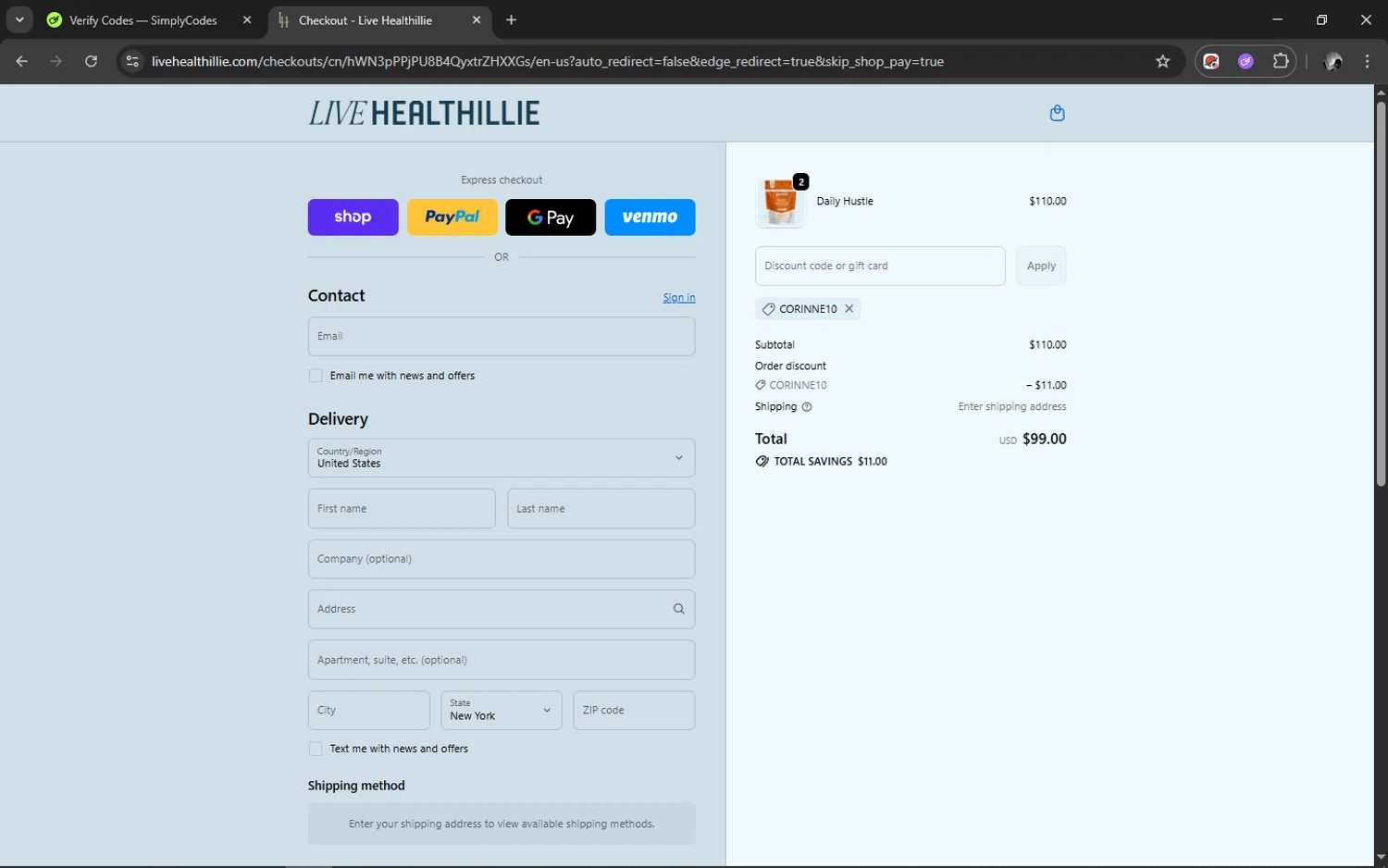 Live Healthillie discount code screenshot showing code CORINNE10 applied at Live Healthillie checkout page. Uploaded by SimplyCodes community member ELMARRON on Oct 7, 2025