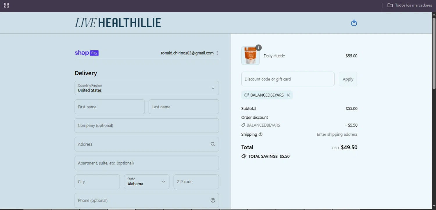 Live Healthillie discount code screenshot showing code BALANCEDBEYARS applied at Live Healthillie checkout page. Uploaded by SimplyCodes community member Egni_149037891 on Aug 17, 2025