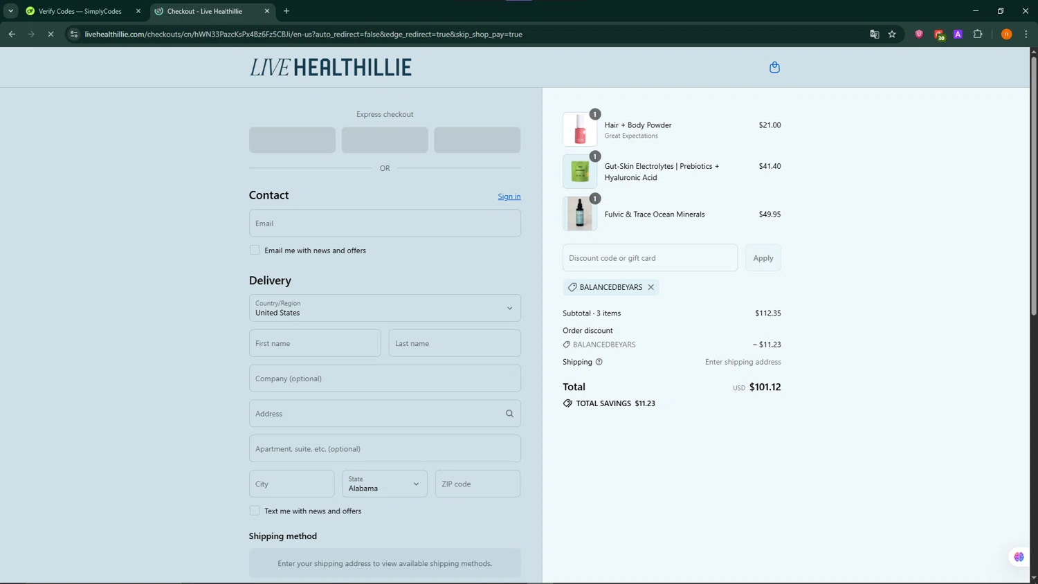 Live Healthillie discount code screenshot showing code BALANCEDBEYARS applied at Live Healthillie checkout page. Uploaded by SimplyCodes community member NobleScholar188 on Sep 16, 2025