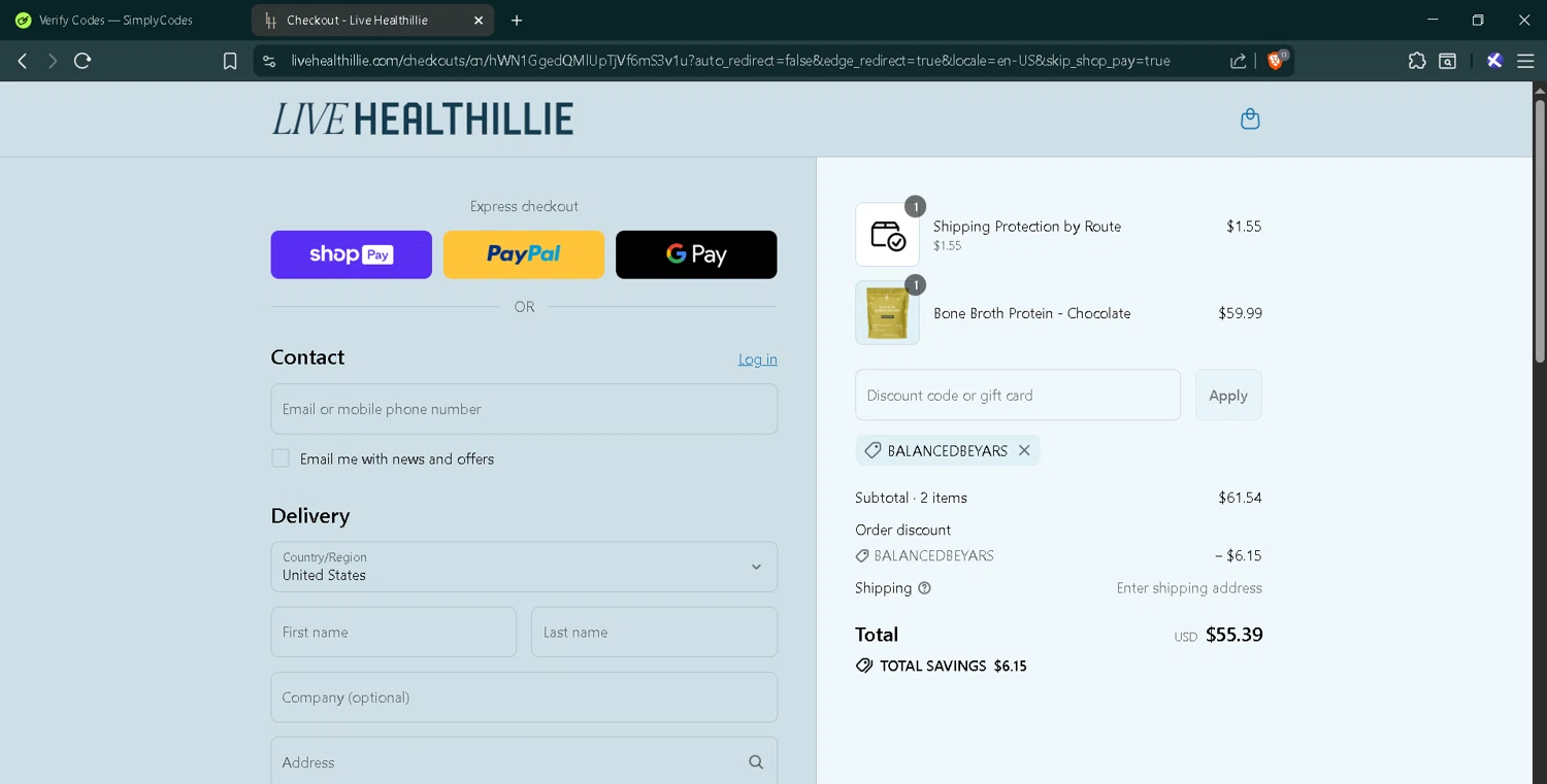 Live Healthillie discount code screenshot showing code BALANCEDBEYARS applied at Live Healthillie checkout page. Uploaded by SimplyCodes community member RoyalMaverick7546 on Jul 31, 2025