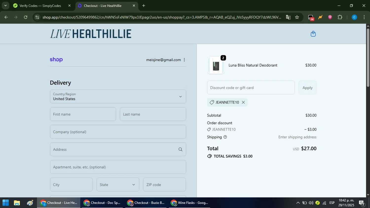 Live Healthillie discount code screenshot showing code jeannette10 applied at Live Healthillie checkout page. Uploaded by SimplyCodes community member NobleFox488 on Nov 30, 2025