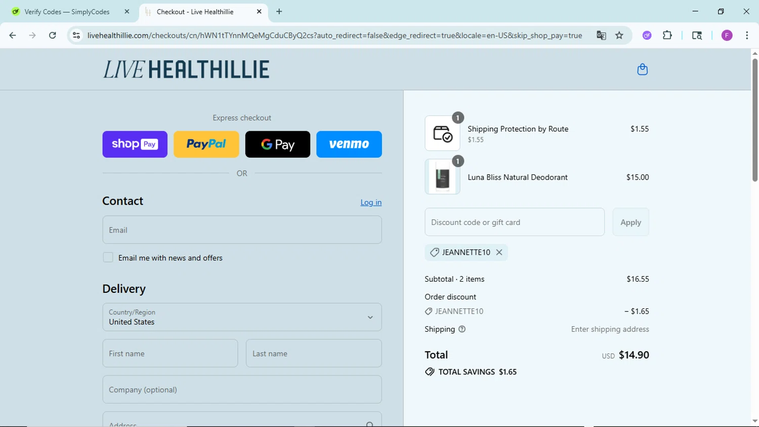 Live Healthillie discount code screenshot showing code jeannette10 applied at Live Healthillie checkout page. Uploaded by SimplyCodes community member ShieldTitan6985 on Aug 17, 2025