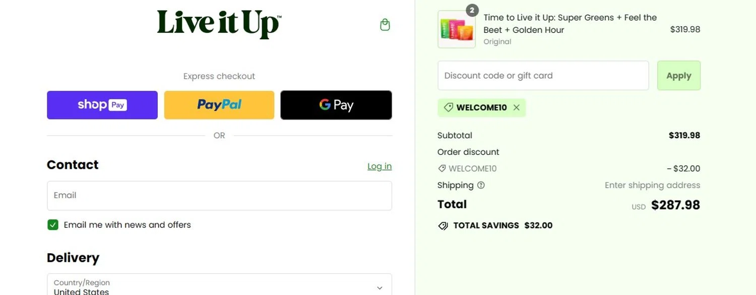 Live It Up checkout page showing Live It Up discount code box | Screenshot taken by SimplyCodes community member on May 7, 2024