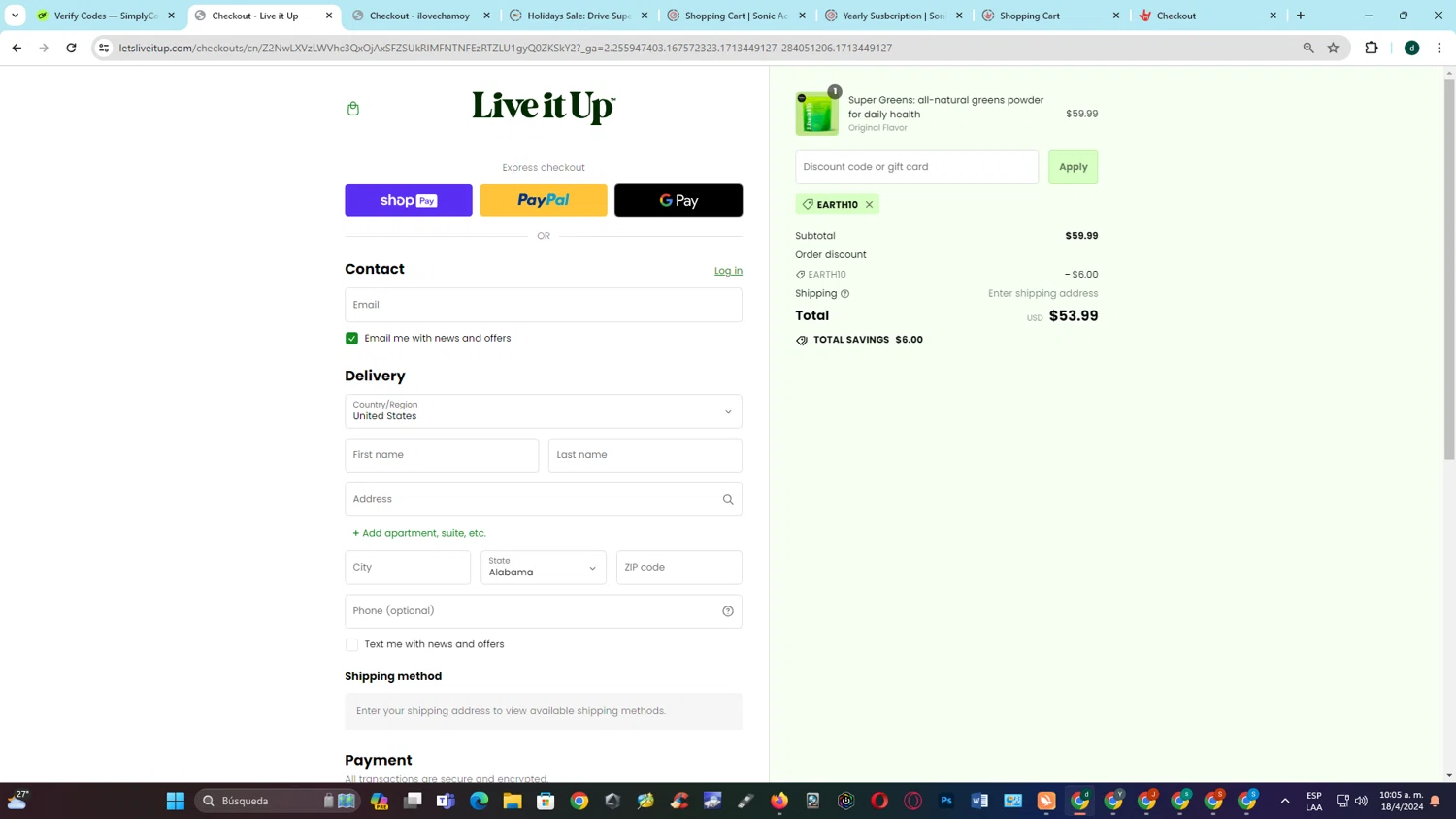 Live It Up checkout page showing Live It Up discount code box | Screenshot taken by SimplyCodes community member on Apr 18, 2024