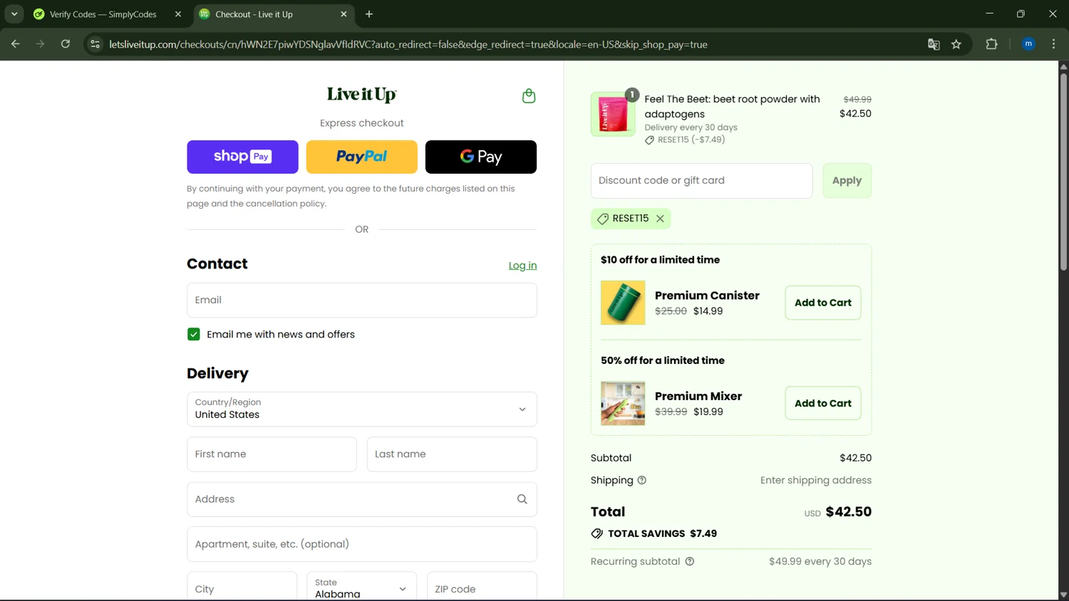Live It Up discount code screenshot showing code RESET15 applied at Live It Up checkout page. Uploaded by SimplyCodes community member GloriousSpotter8024 on Aug 26, 2025