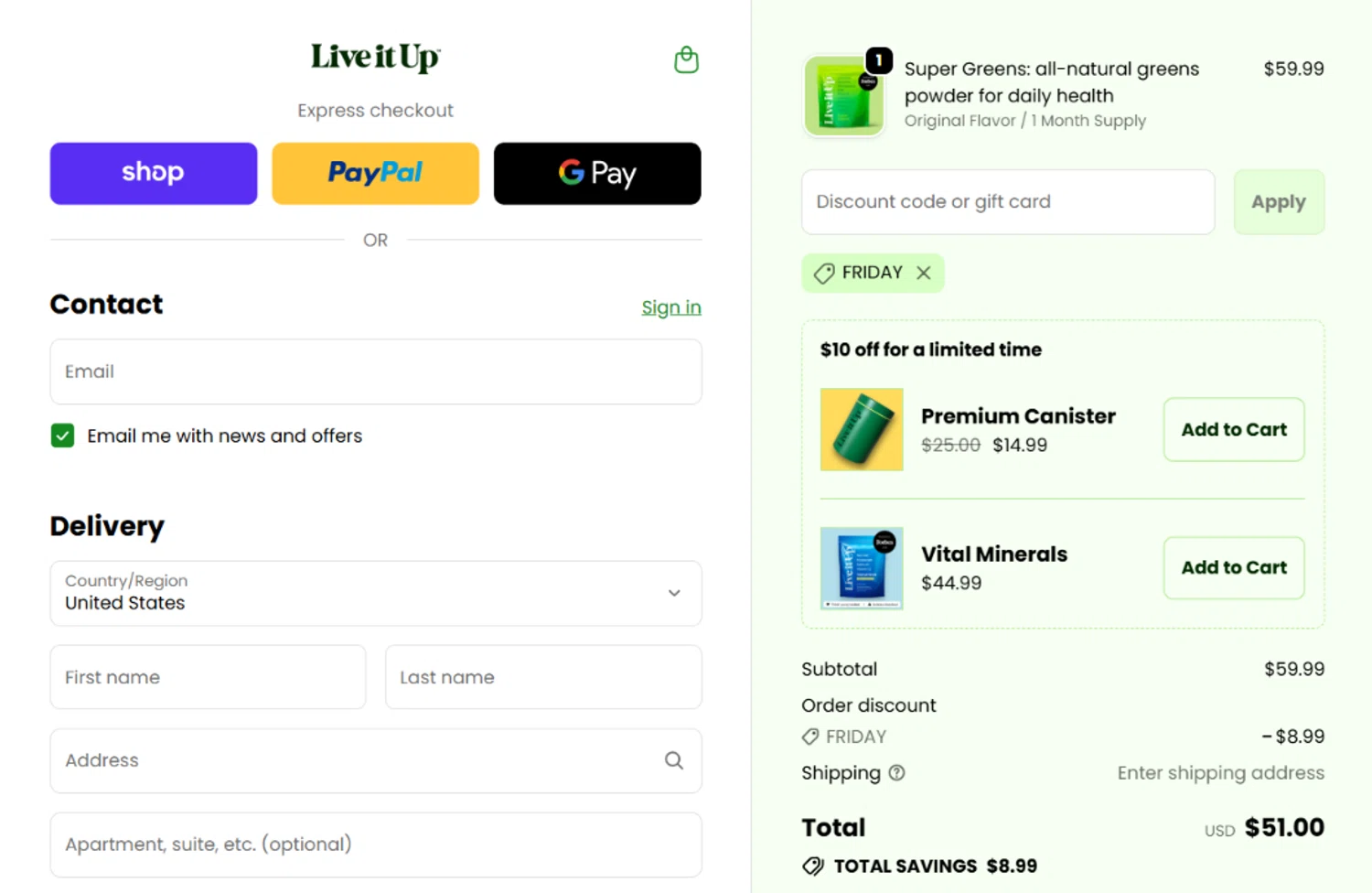 Live It Up discount code screenshot showing code FRIDAY applied at Live It Up checkout page. Uploaded by SimplyCodes community member angelavidal on Nov 22, 2025