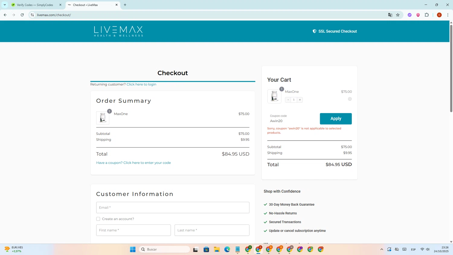Live Max promo code screenshot showing code Awin20 applied at Live Max checkout page. Uploaded by SimplyCodes community member BudgetFinder1805 on Oct 24, 2025