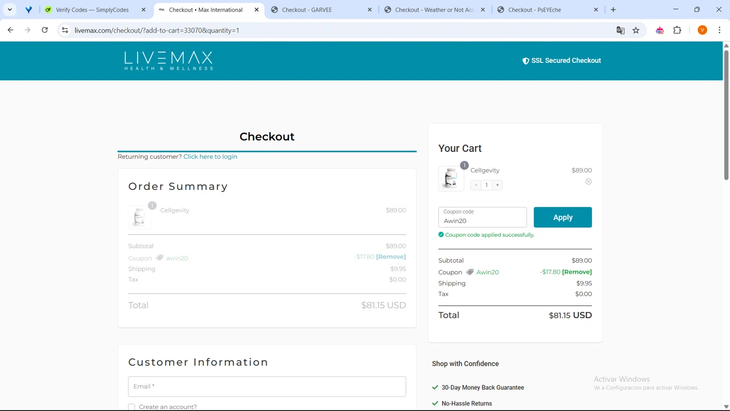 Live Max promo code screenshot showing code Awin20 applied at Live Max checkout page. Uploaded by SimplyCodes community member GoldFox1696 on Apr 8, 2025
