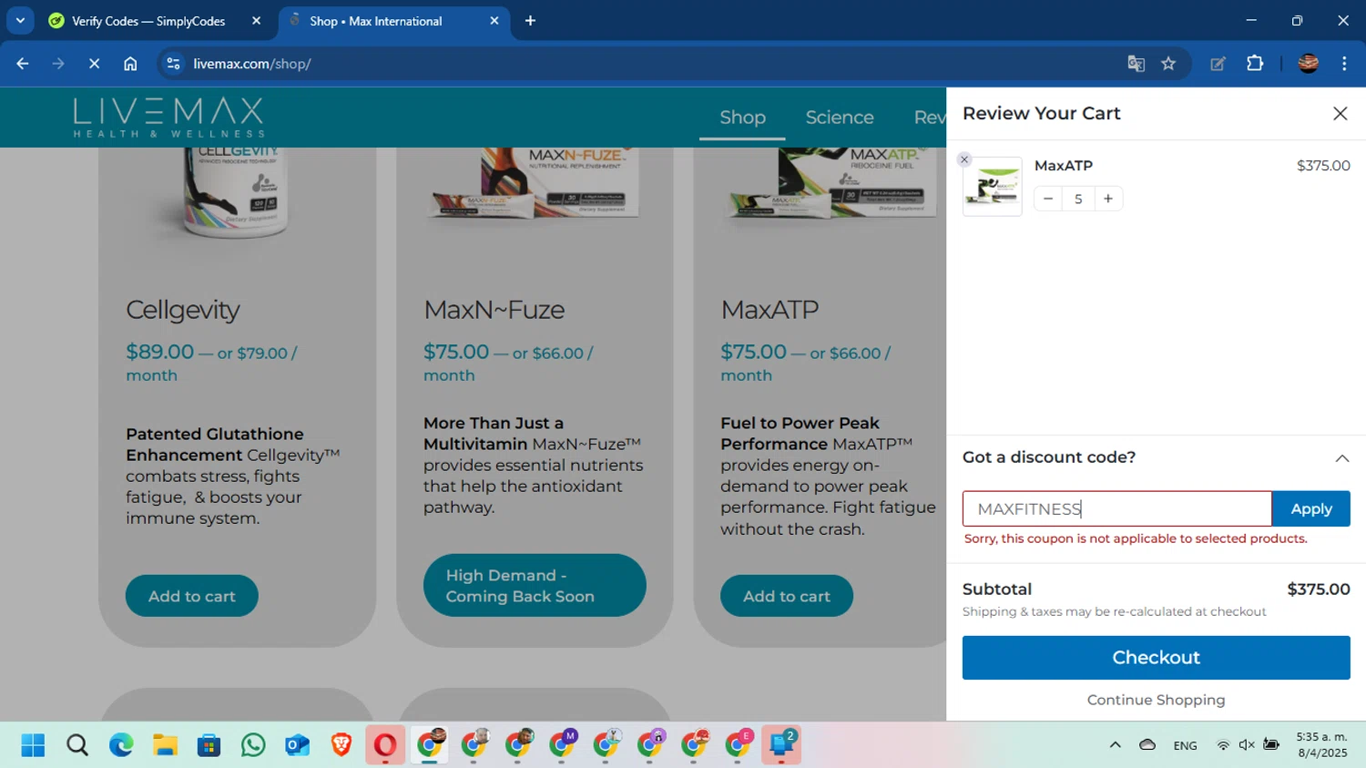 Live Max promo code screenshot showing code MAXFITNESS applied at Live Max checkout page. Uploaded by SimplyCodes community member DavidMGF on Apr 8, 2025